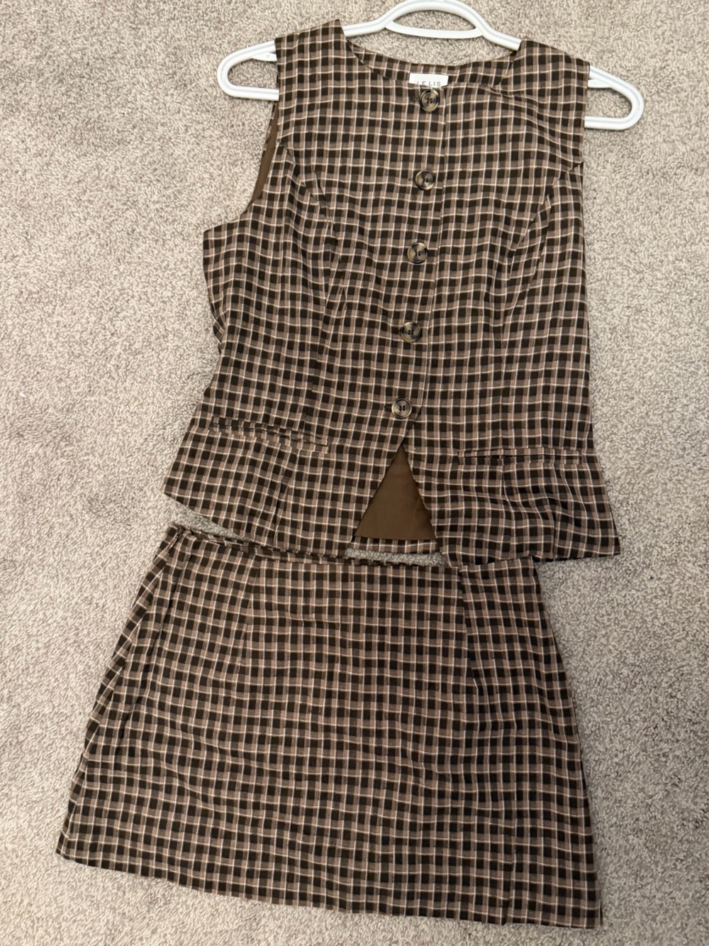 Le Lis Brown & Cream Plaid Skirt with Button Detail